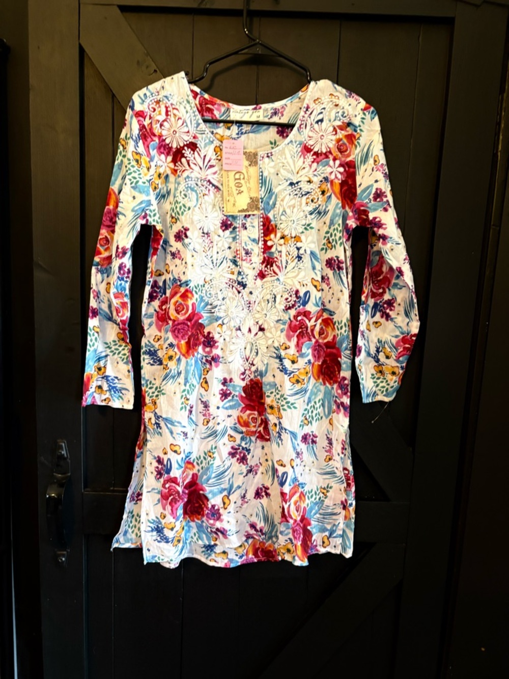 Floral Embroidered White Tunic Top with Pink & Red Blooms